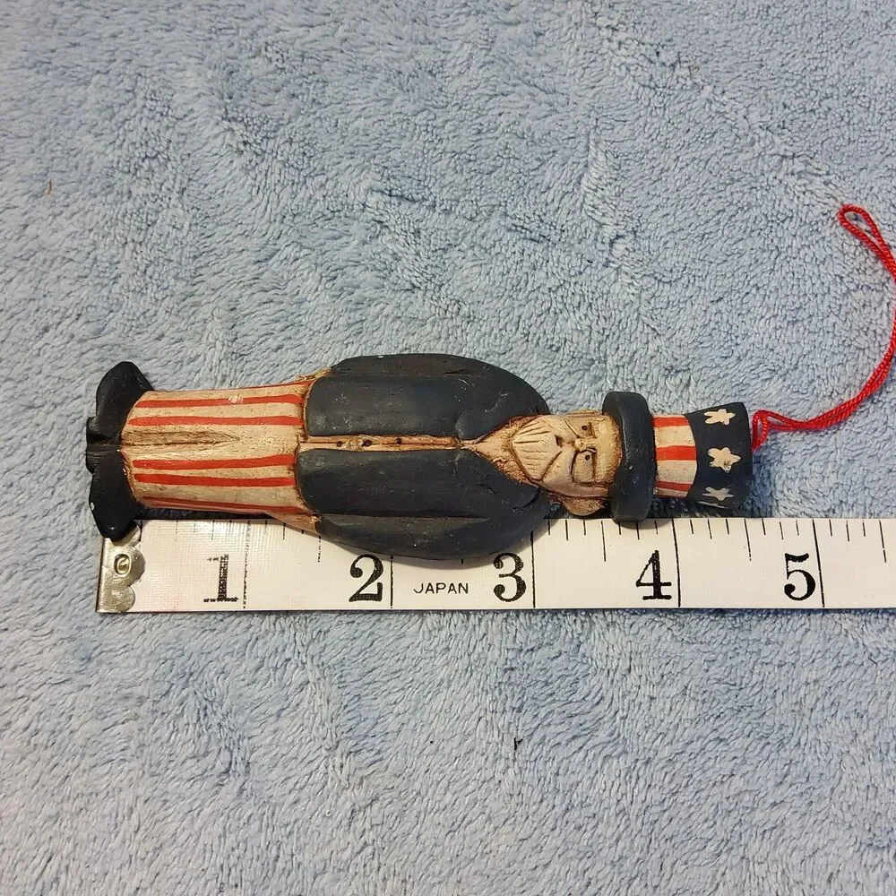 Vintage Wood Carved Uncle Sam Hanging Ornament Patriotic July 4th Folk Art 4.5